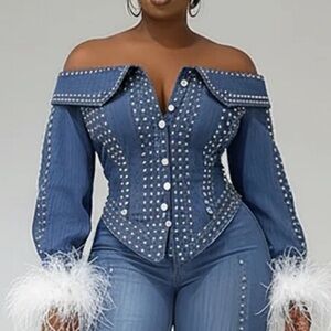 Women's Off-Shoulder Denim Top with Feather Cuffs